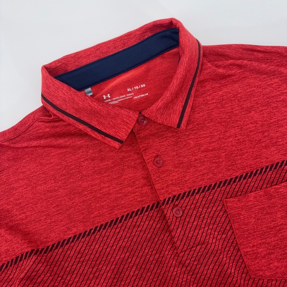 Under Armour Mens XL HeatGear Polo Shirt Red Heathered Stripe Pocket Loose Fit